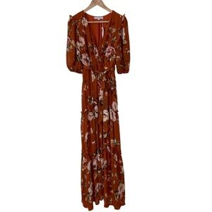 Baltic Born NWT Floral Brown Orange Puff Sleeve Belted Tiered Ruffle Maxi Dress